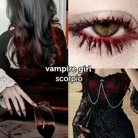 A split image with four sections. The top right shows a close-up of an eye with elaborate, dark, and dramatic makeup, suggesting a vampire theme. The top left part features the hair of a woman with extensions of black and red hair. The bottom left shows a hand with long black nails holding a glass of red liquid, likely wine. The bottom right part shows a woman dressed in black clothing with hanging crystals.
