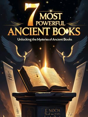 The cover image features a stylized illustration. In the center, an open book rests on a dark pedestal, illuminated by a golden light that streams down from a celestial background. Above the book, text reads "7 MOST POWERFUL ANCIENT BOOKS", with the text "Ancient Books" in a larger font. Two winged figures flank the book. Below, inscriptions like "E NOCH" add to the overall mystical academic appeal.