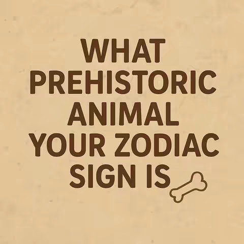 The image features a text overlay on a textured, tan background. The text, in a bold, brown font, poses a question: "WHAT PREHISTORIC ANIMAL YOUR ZODIAC SIGN IS." A stylized bone graphic is in the bottom right corner. The layout is simple and uses a clear, readable font for emphasis.