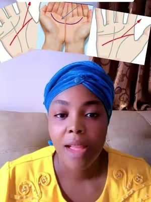 A woman wearing a blue head wrap and a yellow top looks towards the camera with an open mouth. In the background, various images of hands with lines drawn on them are visible.