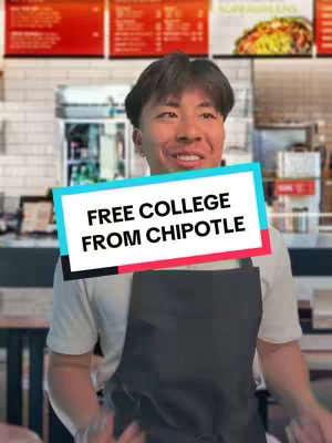 A man wearing a black apron stands in front of a Chipotle restaurant, holding a rectangular sign with the text 'FREE COLLEGE FROM CHIPOTLE'. The background shows the restaurant's interior.