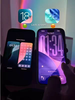 The image presents a side-by-side comparison of two iPhones with different lock screens. On the left, an iPhone shows the lock screen with the number "18" in a colorful icon at the top. On the right, another iPhone displays a similar lock screen, but with the number "26". The background is a soft, gradient mix of purples and pinks. A green sad face emoji is placed above the "18" icon and a joyful face emoji above the "26" icon. Both phones display the time. The phones are viewed against a blurry background, with hints of the phone's reflective surface. The image suggests a comparison or a before-and-after concept.