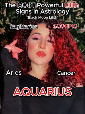 A woman with bright red curly hair and red lipstick is the central figure, framed against a blurred floral background. Overlaid on the image are text boxes naming astrological signs such as Scorpio, Sagittarius, and Aquarius. The woman's hand gestures, as well as her pink blush and makeup, draws the eye as well.
