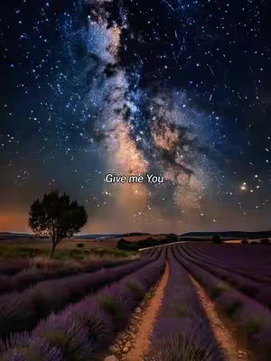 A landscape image featuring a purple lavender field with a path leading towards the horizon. Above the field, a starry night sky is visible with the milky way prominently displayed. Text overlayed on the image reads 'Give me You'.
