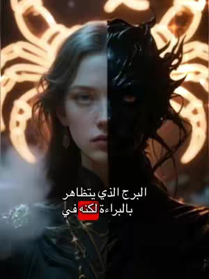 The image is a split portrait. On the left, a young woman with light skin, dark hair, and a serious expression is visible. The right side of her face and neck are obscured by a dark, textured, and somewhat grotesque mask or transformation. Behind her, there's an abstract background with an orange color scheme with an almost glowing zodiac-like pattern.