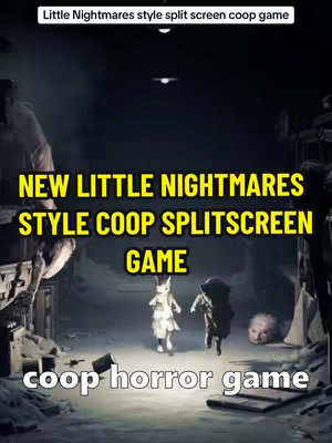 An image with a dark, atmospheric background depicting a scene reminiscent of the game Little Nightmares. In the foreground, two child-like figures are seen running towards the viewer. In the background on the right, a large head with a distorted face is visible. The color palette is muted, with a focus on dark grays and whites. Text overlays highlight the game's title and genre.