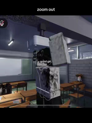 The image is a screenshot from a video game, possibly Roblox, showcasing a character model in a school or office setting. The environment includes desks, a whiteboard, and a high ceiling with architectural details. The character is a blocky avatar with visible wires, wearing headphones and a dark outfit. Text overlayed on the image reads 'good girl'. The overall lighting is dim and stylized.