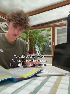 A young man with curly hair is seated indoors, holding open a binder with colorful pages. He looks down at the binder with a focused expression. A laptop sits open to his right. The setting appears to be a sunroom or a room with large windows, and plants are visible in the background.