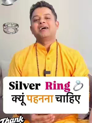 A man in a gold shirt is in the center, looking at the camera and speaking. Above him, a silver ring is floating on the left. The bottom has a white background with a text overlay in Hindi and English text: "Silver Ring" in black and pink color, alongside a diamond ring icon. At the bottom left corner is the text "Thank". The background is a plain neutral color.