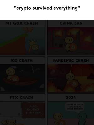 A meme-style image presenting a comic strip showing cryptocurrency surviving various economic crises. The image is divided into six panels, each depicting a different crash and the resilience of cryptocurrency in the face of the crisis. There is a text overlay at the top that reads: "crypto survived everything." Each panel features a cartoon figure, representing crypto.