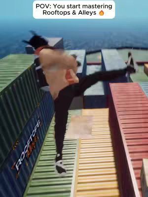 A 3D-rendered scene featuring a figure in mid-air, performing a parkour move across a series of colorful, stacked shipping containers. The figure, silhouetted and angularly posed, is clad in dark clothing. The scene is set against a backdrop of a body of water and a clear sky visible in the distance. A text overlay at the top of the frame identifies this a a first-person perspective (POV).