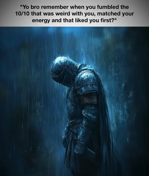 A digitally painted image shows a medieval knight with a lowered head, in a dark, rain-swept setting. The knight is clad in dark blue, textured armor, complete with a helmet and a flowing cloak. Rain streaks obscure the background, with a murky, blue-gray atmosphere. The overall tone is somber and dramatic.