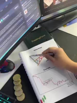A desk setup featuring two computer monitors displaying data and text. In the foreground, a notebook with the title "Rising Wedge" is open, and a hand is drawing on a diagram. There are also gold coins and a keyboard visible. The background suggests a workspace.