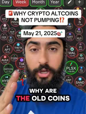 A man with a beard is looking at the camera, with overlaid text and indicators about cryptocurrencies. The background is a feed of various crypto coins. The colors are primarily green, red, and white, with a dark background. The man is wearing a dark hat and a blue shirt.