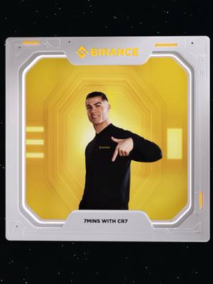 The image features a stylized digital frame containing a headshot of Cristiano Ronaldo. He is wearing a black shirt and pointing with his right hand. The background is a yellow, tech-inspired design with the Binance logo at the top of the frame. The text "7MINS WITH CR7" is at the bottom.