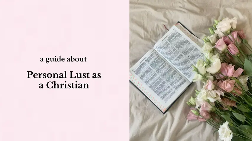 A still life image featuring an open Bible laid on a bed, surrounded by a bouquet of light pink and white flowers. Text overlays are positioned on the left side, informing the video's topic. The overall composition uses soft lighting and a muted color palette.