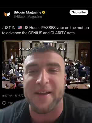 The cover image captures a man in a selfie-style video, appearing to be speaking to the camera. Behind him, a news report is visible on a screen, indicating an official setting like a US Congress hall. Text overlay is present, with the Bitcoin Magazine logo and headline related to financial news. The man is smiling with a serious expression.