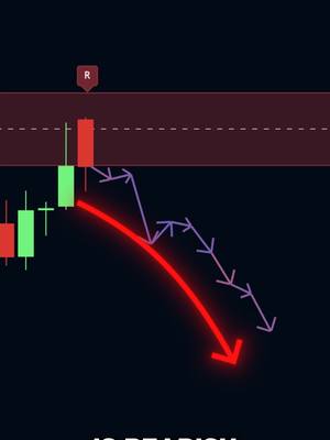 The image shows a dark background overlaid with elements representing a stock chart. There are green and red candlestick figures, a downward-sloping red arrow indicating a bearish trend, and multiple smaller purple arrows pointing downwards. At the top, a red box with a white 'R' suggests a resistance level. The image uses a limited color palette focusing on red, green, black, and purple.