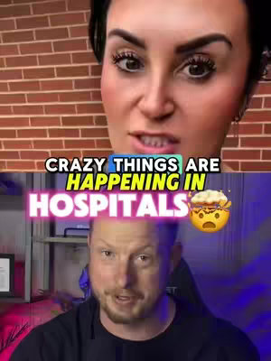 The cover image is split horizontally with a woman's face at the top against a brick wall, looking directly at the viewer with a slightly concerned expression. The lower half presents a man's face in front of a background with a shelf and computer screen with the text: "CRAZY THINGS ARE HAPPENING IN HOSPITALS!" in large letters. The color palette is a mix of natural tones and bright, neon colors.