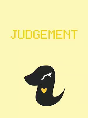 An image with a light yellow background and a black blob resembling a character from the Undertale universe. Above is a pixelated "JUDGEMENT" text with yellow colors.
