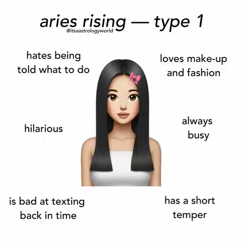 A digitally created image featuring an emoji-style illustration of a woman with long dark hair and a pink bow. The image is set against a white background. Text bubbles surround the image with phrases describing personality traits associated with Aries risings, such as 'hates being told what to do', 'loves make-up and fashion', 'hilarious', 'always busy', 'is bad at texting back in time', and 'has a short temper.' The overall layout is clean and illustrative.