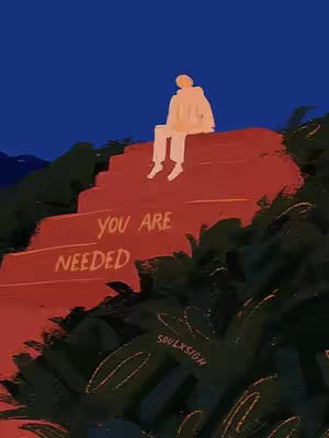 An illustrated scene at dusk, featuring a figure in white clothing seated on a red staircase-like structure. The words "YOU ARE NEEDED" are inscribed on the steps. Dark green foliage frames the scene from the bottom, and a deep blue sky forms the background.