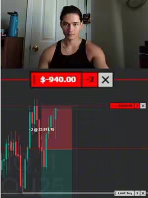 A man in a black tank top is centered in the frame, the top portion features him in front of a light-colored wall, and door frame. The bottom half shows a trading interface with financial data and charts.