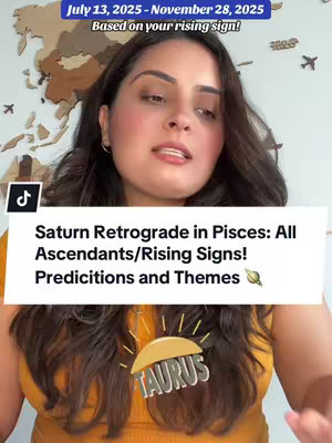 A woman with long, dark hair is centered in the frame, looking slightly to her right. Above her, a rectangular banner contains text. Below the woman, a white rectangular box with the video's title and a Taurus graphic is visible.