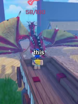 A Roblox game screenshot featuring a 3D cartoon dragon with red and yellow wings hovering in the background. In front of the dragon is a wooden cart with a Roblox character standing in it. The cart is on a path. A text overlay 'this' is added on top of the character.