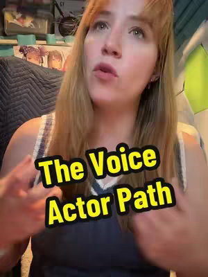 The cover image features a woman in a close-up shot, with text overlayed. The woman has long, light-colored hair and is looking slightly up and to the right. She is wearing a blue and white striped top and has a neutral expression. Overlayed on the image is a yellow and black text box that reads: "The Voice Actor Path."