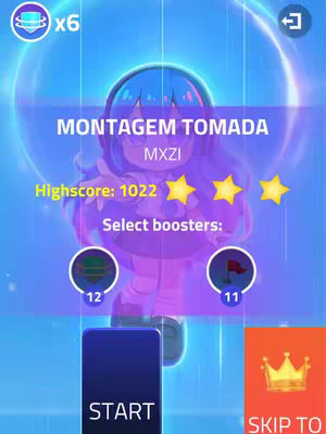 The image is a graphic for a mobile game. The center features a cartoon character with a purple outline, a blue aura, and text overlay. The text reads 'MONTAGEM TOMADA' in a unique font. Above the character are three gold stars, suggesting game scores. Below, are the game's controls and the 'START' button. The background is blue and white, creating a clean and appealing appearance.