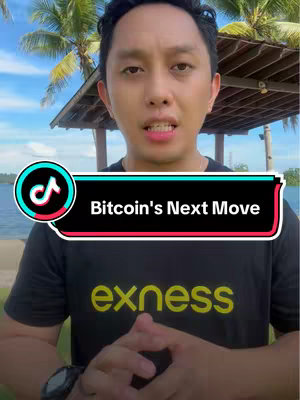 The cover image shows a man speaking in front of a camera, with a sign "Bitcoin's Next Move" superimposed on it. Behind him is a background of greenery, water, and a partial structure, suggesting an outdoor shoot. The man is wearing a black t-shirt with the "exness" logo.