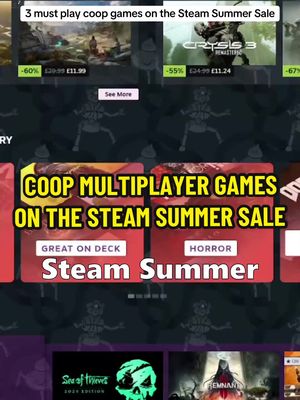 The image is a promotional graphic for a Steam Summer Sale, showcasing multiple video game titles. The central area of the image features a bold, red banner with the text 'COOP MULTIPLAYER GAMES ON THE STEAM SUMMER SALE'. Above this, there are game thumbnails with sale prices and discounts applied. The layout is designed to be eye-catching, with strategic use of text and the focus on popular games.