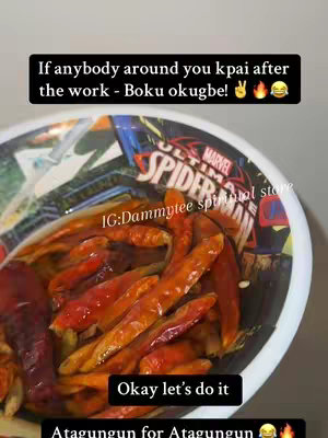The image shows a close-up shot of a bowl containing a reddish-orange substance, likely food, bathed in liquid. It's set against a backdrop that includes a comic book-style design, possibly from a Spider-Man series. Several text overlays are present, offering context: one in a black box at the top that seems like initial commentary, and another at the bottom suggesting the name of the meal presented.