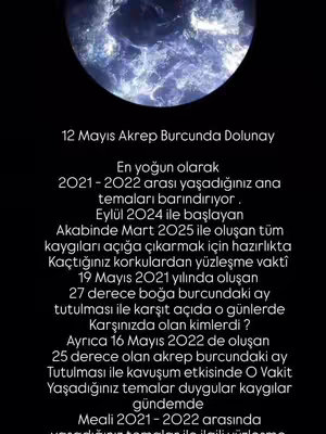 The image features a dark background with a celestial design at the top, resembling a planet or a cosmic sphere. Below this celestial element, there is a block of text in white, describing the astrological details of the upcoming Scorpio Full Moon and its impact, referencing dates like May 12th, and astrological events from 2021 and 2022, with topics like confronting fears, and the theme of facing real-world challenges.