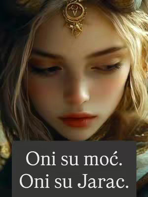 A close-up shot of a woman's face, with a thoughtful expression. She has light skin, blonde hair, and a decorative golden headpiece. The background is blurred and there's a dark gray box at the bottom with white text that says, 'Oni su moć. Oni su Jarac.'