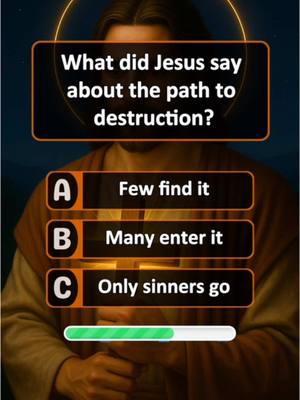A vertical cover image for a quiz video. The background is a blurred image of a person in a brown robe. Overlaid are several elements: a black rectangle at the top with a gold border and white text asking a question, three answer options below (A, B, C) in rectangular orange boxes with black text, and a green progress bar along the bottom of the image. The overall tone suggests a religious or biblical theme.