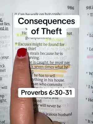 The image shows a hand with red nail polish pointing at a highlighted passage in an open Bible. The text overlay reads "Consequences of Theft" and "Proverbs 6:30-31".