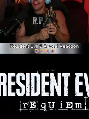 The image is split into two main sections. At the top, there's a live-action shot with a man holding a figurine. He has a playful expression. The bottom section features the text "RESIDENT EVIL" in block letters, with "REQUIEM" in smaller, stylized text beneath it.
