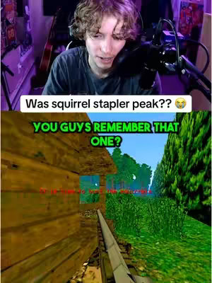 The cover image is split in two, with the upper half showing a person in a room with a microphone, and the bottom half presenting a first-person view of a video game. The person in the upper half appears to be a streamer, with visible gaming equipment like a microphone and headphones. The game scene in the lower half shows a wooded environment with a low-poly art style.