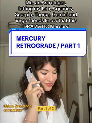 A woman with dark hair is on a phone call. She is smiling and looking down slightly. Text overlays include astrology-related information and a 'Part 1 of 2' indicator. The background shows a room, with lights and other decor that imply it is at home.
