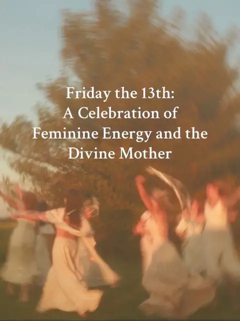 The image shows an artistic, soft-focus view of a group of people, likely women, dancing in a field or open space, possibly during a ritual or celebration. The lighting is warm and diffused, creating a sense of mysticism and serenity. The composition highlights movement and communal energy, with the figures silhouetted against a blurred background of trees and sky.