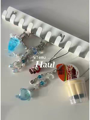 The cover image shows a collection of trinkets hanging from a white hook rack. Several charms and accessories are displayed, including what appear to be earrings and keychains. The items have a cute and aesthetic appeal, with pastel colours and charms on display in a well-lit setting. The words 'Temu Haul' are written on the image. Accessories, products, and a small white rack are visible in the image.