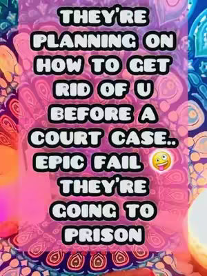 The cover image features text on a colorful, patterned background with a pink overlay pattern. The text is bold, white, and outlined in black within a black frame. It states, "THEY'RE PLANNING ON HOW TO GET RID OF U BEFORE A COURT CASE... EPIC FAIL" with a tongue-out emoji, followed by, "THEY'RE GOING TO PRISON."