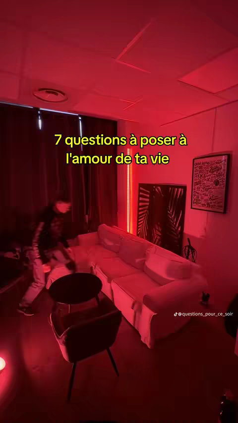 The cover image shows a dimly lit room with red lighting. In the foreground, there's a black table and a chair. A white sofa is positioned in the background, and a man is walking. Text overlays read in French.