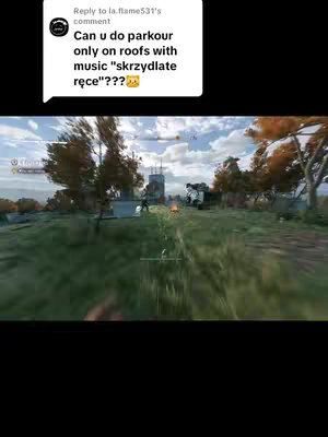 The image shows a gameplay scene from a video game, with a comment overlayed in the top left corner. The game environment features a grassy area with trees, buildings, and a figure running in the distance. The sky is bright, and the overall tone suggests an action-adventure setting.