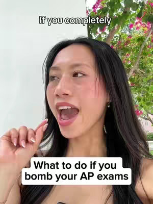 A woman with dark hair is looking up and to the side with an open mouth as if speaking. Overlaid at the top of the frame is the text: 'If you completely.' In a black rectangular box at the bottom is the text: 'What to do if you bomb your AP exams'. The background appears to be outdoors with green foliage and pink flowers.