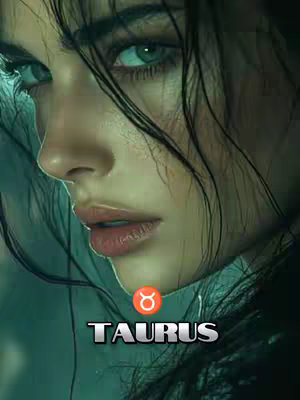 A portrait of a person with dark, wet hair and striking green eyes. The image is dominated by the person's face, with a focus on the eyes and lips, set against a blurred, turquoise background. The word "TAURUS" appears below the zodiac symbol of a bull.