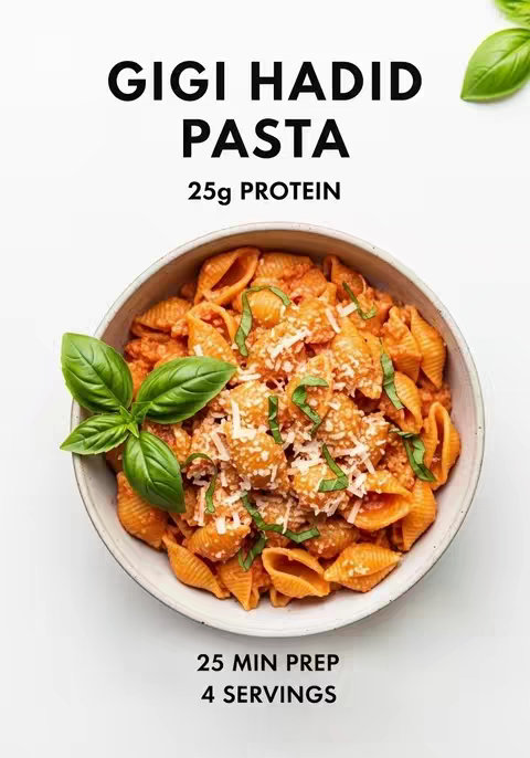 A top-down shot of a bowl of pasta with a tomato-based sauce, shell pasta, basil leaves topping the dish. The image is on a white background. Text in large, bold font at the top reads "GIGI HADID PASTA", and below it, "25g PROTEIN". At the bottom, smaller text indicates "25 MIN PREP" and "4 SERVINGS".