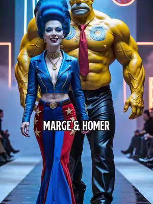 An AI-generated image shows a woman in a blue jacket and a man with a yellow body and large muscles. Below the two figures is the title 'MARGE & HOMER'. The woman is light-skinned with fair hair in a tall, blue updo, wearing a blue jacket over a low-cut top, and a long skirt in red, white, and blue. Her body is in a seductive pose on a runaway stage with Homer, the man on the background.